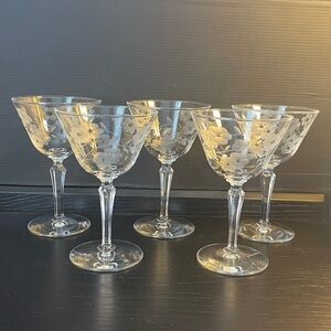 Libbey Glenmore Etched Floral Wine Champagne Glasses Crystal Stemware Set of 5